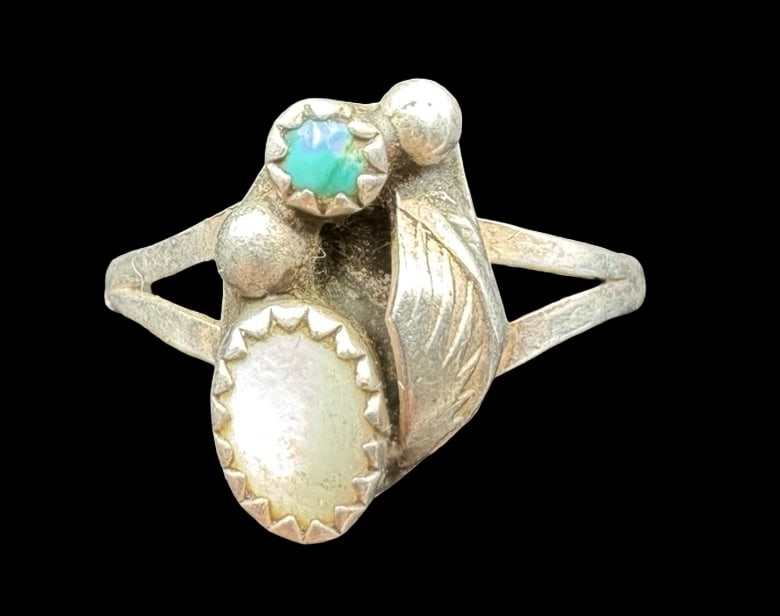 Vintage Native American Sterling Silver, Turquoise & Mother of Pearl Ring: Very good vintage condition with minor patina according to age. Measures approx. 1/2" long and 3/8" wide & weighs ca. 1.4 grams. The ring is a size 6. Marked for Sterling Silver. SHIPPING: We ship in-