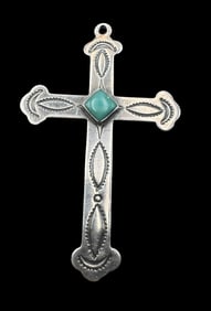 Ornate Vintage Southwestern Native American Sterling Silver & Turquoise Cross Pendant