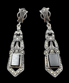 Ornate Vintage Sterling Silver, Black Onyx & Marcasite Dangle Earrings