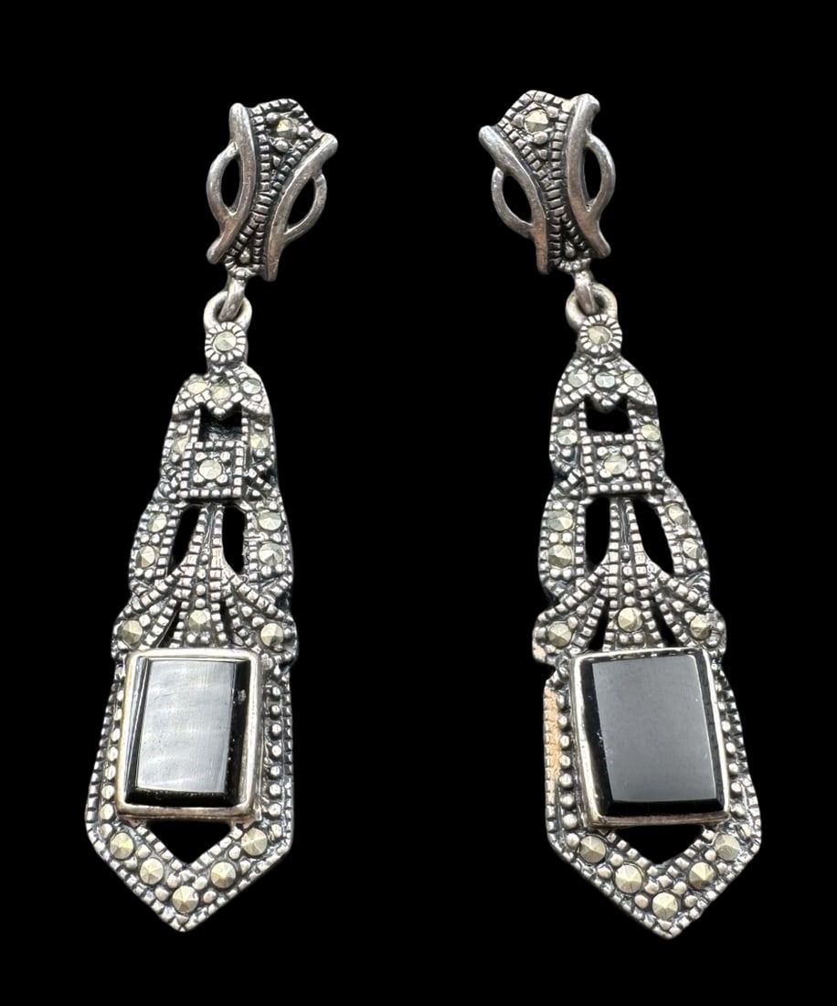 Ornate Vintage Sterling Silver, Black Onyx & Marcasite Dangle Earrings (1 of 3)
