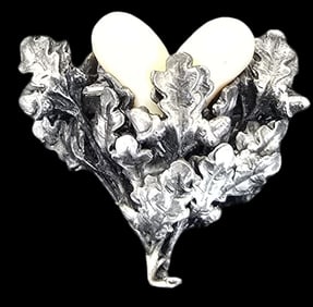 Vintage European 800 Silver Alpine Hunting Brooch /w Oak Leaves & Deer Teeth