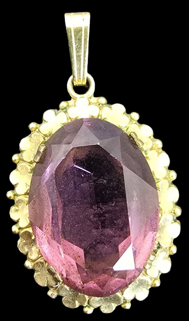 Antique ca. 1920 German KORDES & LICHTENFELS Golt-Tone Metal & Purple Gemstone Designer Pendant: Very good vintage condition with minor patina according to age. Measures approx. 1 1/2" high and 1/2" wide and weighs ca. 4.5 grams. Signed. SHIPPING: We ship in-house and charge a flat fee of $12 for