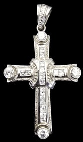 Large Vintage Sterling Silver & Rhinestone Christian Cross Pendant