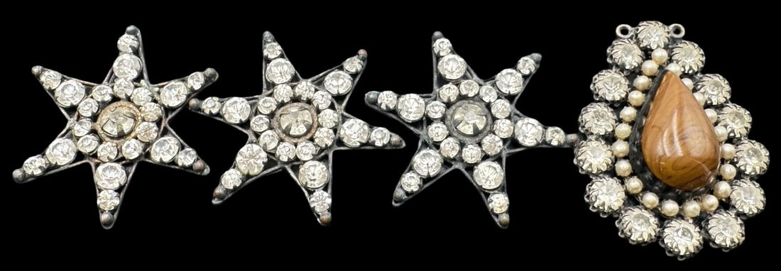 Jewelry Making Lot: 4 Vintage Clear Rhinestone Cluster Plaques: Very good vintage condition with minor patina according to age. The largest piece measures approx. 2 7/8" long and 2 1/8" wide. SHIPPING: We ship in-house and charge a flat fee of $12 for any order of