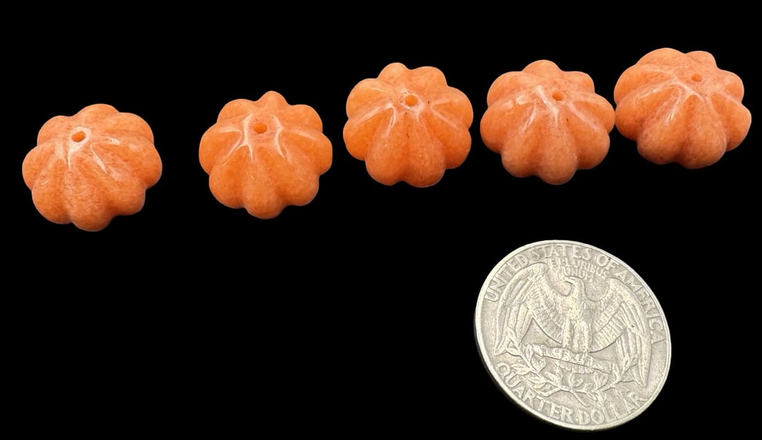 Jewelry Making Lot: 5 Hand Carved Orange Beads: Very good condition with minor patina according to age. Measures approx. 3/4" in diameter. SHIPPING: We ship in-house and charge a flat fee of $12 for any order of 5 small items (rings, necklaces, bra
