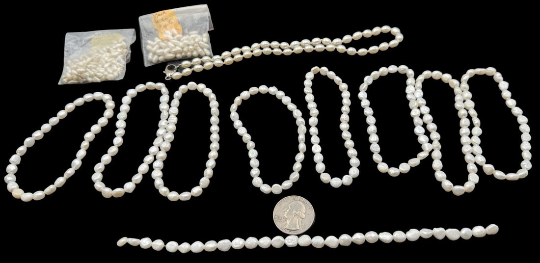 Jewelry Making Lot: Different Size Pearls, Pearl Bracelets & One Necklace: Very good condition with minor patina according to age. For measurement reference please see coin in the picture. SHIPPING: We ship in-house and charge a flat fee of $12 for any order of 5 small items