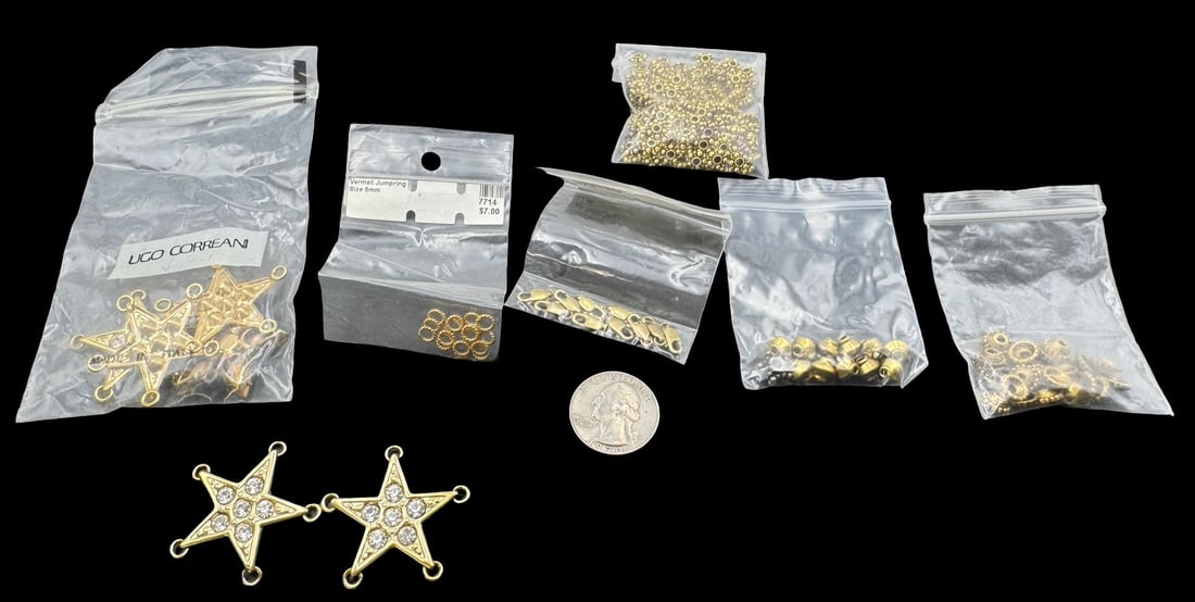 Jewelry Making Lot: Gold Metal Different Size Rivets, Closure & Star Pendants /w Clear Rhinestones: Very good condition with minor patina according to age. For measurement reference please see coin in the picture. SHIPPING: We ship in-house and charge a flat fee of $12 for any order of 5 small items