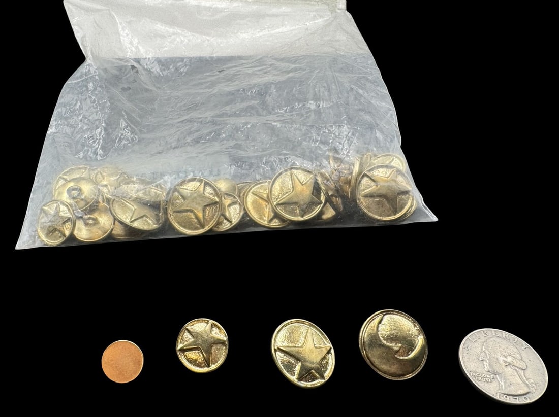 Jewelry Making Lot: Gold Color Buttons: Very good condition with minor patina according to age. For measurement reference please see coin in the picture. SHIPPING: We ship in-house and charge a flat fee of $12 for any order of 5 small items
