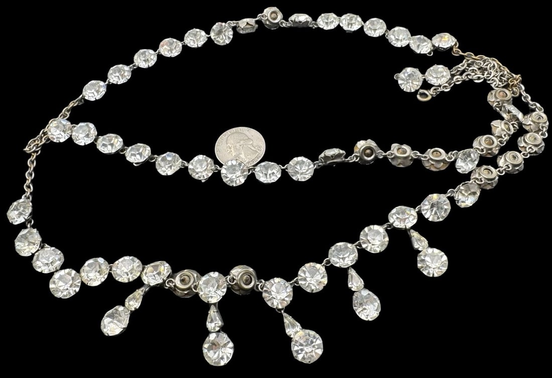 Costume Jewelry Necklace /w Clear Rhinestones: Very good condition with minor patina according to age. Measures approx. 26" long and 1/2" wide. SHIPPING: We ship in-house and charge a flat fee of $12 for any order of 5 small items (rings, necklace