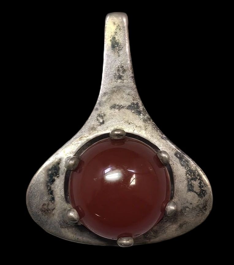 Unusual Vintage Mid-Century Modern European 835 Silver & Carnelian Pendant: Very good vintage condition with minor patina and wear according to age. Measures approx. 1" wide and weighs ca. 3 grams. Marked for 835 (83.5%) silver. SHIPPING: We ship in-house and charge a flat fe