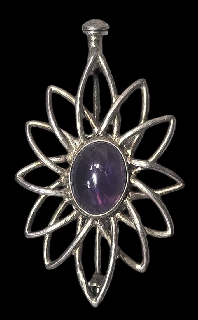 Vintage European 800 Silver & Amethyst Sunburst Brooch Pin (1 of 4)