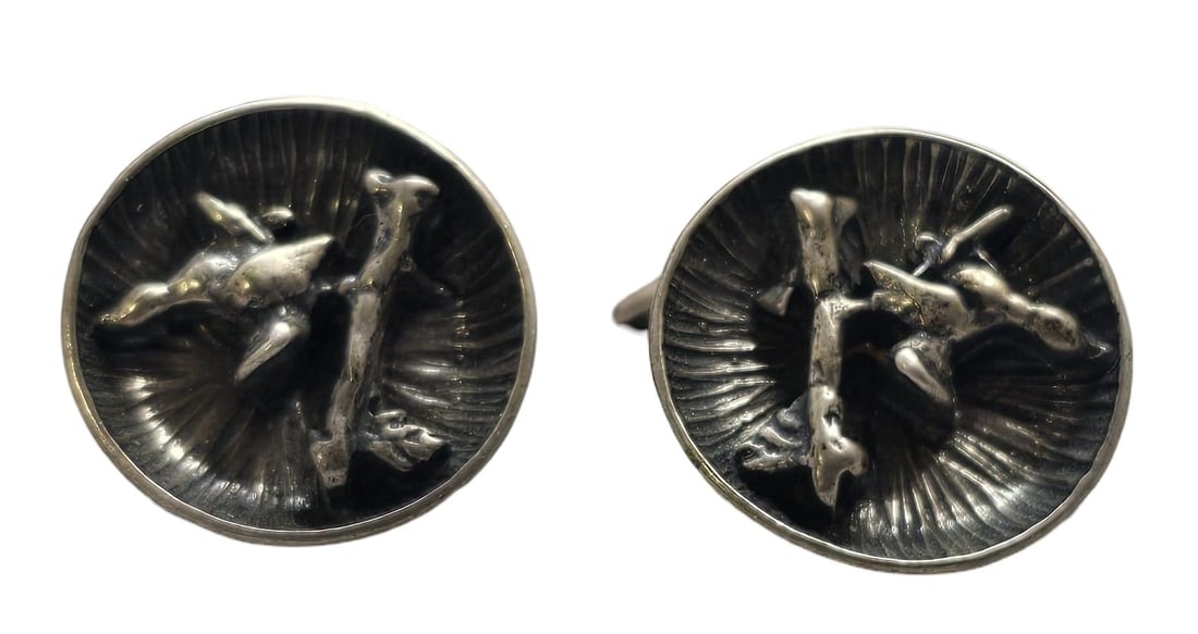 Very Unusual Mid-Century Modern Brutalist European 835 Silver Designer Cufflinks: Very good vintage condition with minor patina and wear according to age. Each measures approx. 1" wide and they jointly weigh ca. 5.5 grams. Marked for 835 Silver.and carrying unidentified designer ma