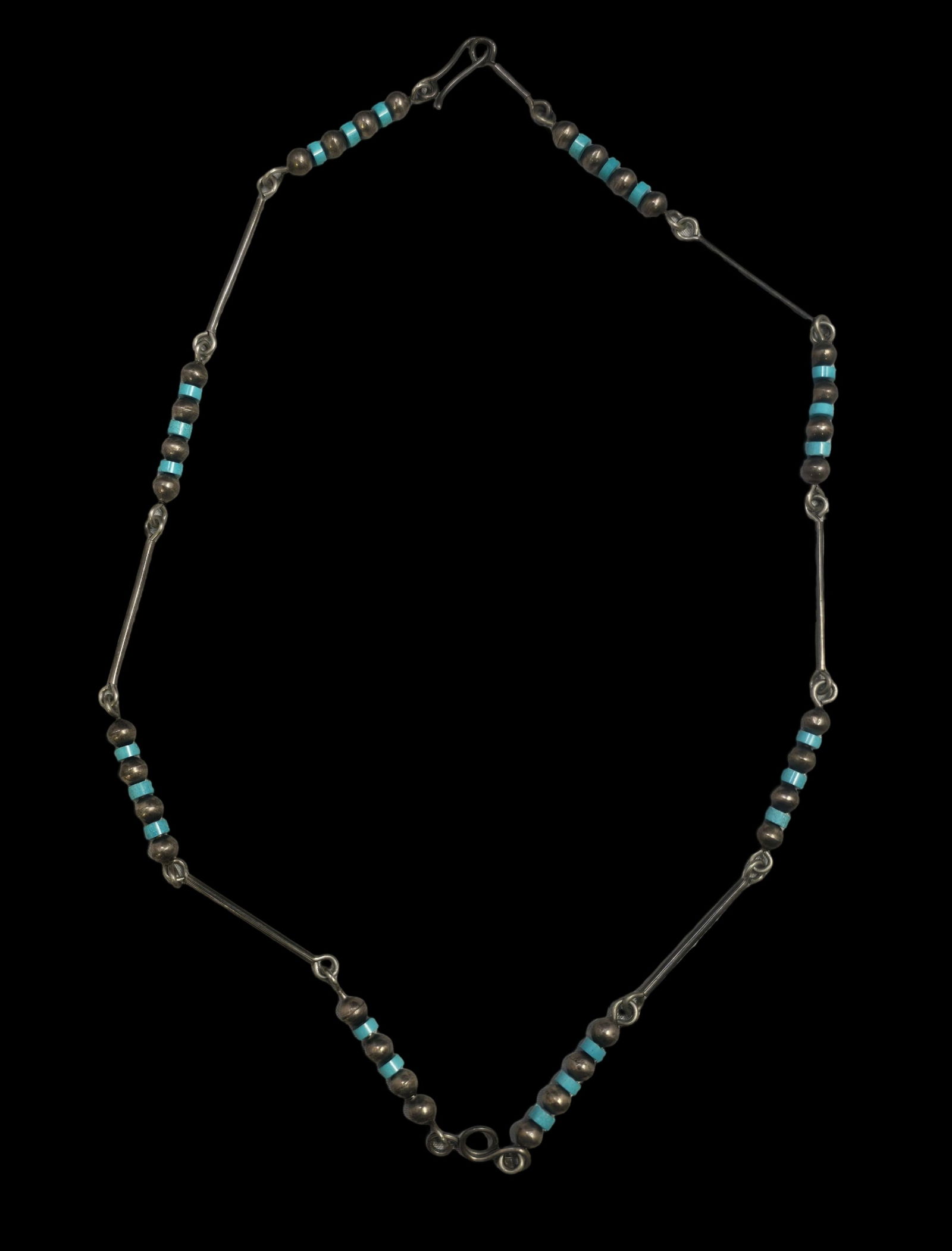 Vintage Sterling Silver & Turquoise Bead Necklace: Very good vintage condition with minor patina and wear according to age. Measures approx. 24" long and weighs ca. 21.5 grams. Tested for Sterling Silver. SHIPPING: We ship in-house and charge a flat f