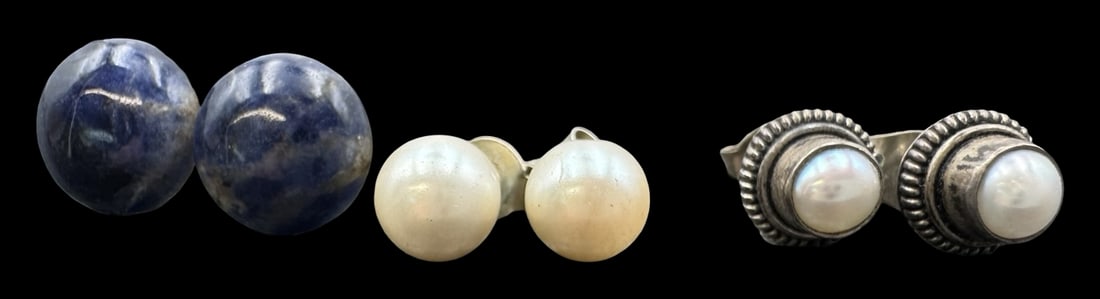 Set Of 3 Charming Sterling Silver, Pearl & Blue Gemstone Earrings: Very good Vintage condition with minor patina according to age. The largest piece measures approx. 3/8" in diameter and weighs ca. 5.1 grams. Marked for Sterling Silver. SHIPPING: We ship in-house and