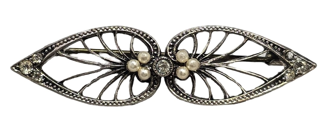 Beautiful Vintage European 800 Silver, Gemstone & Pearl Brooch Pin: Very good vintage condition with minor patina and wear according to age. Measures approx. 2" wide and weighs ca. 3 grams. Tested for a minimum of 800 (80%) silver. SHIPPING: We ship in-house and charg
