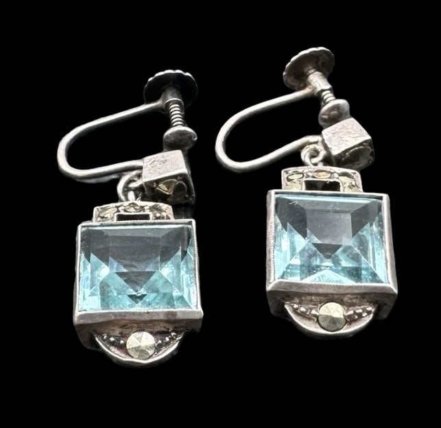 Beautiful 1930s German Sterling Silver & Blue Gemstones Dangling Earrings (1 of 5)