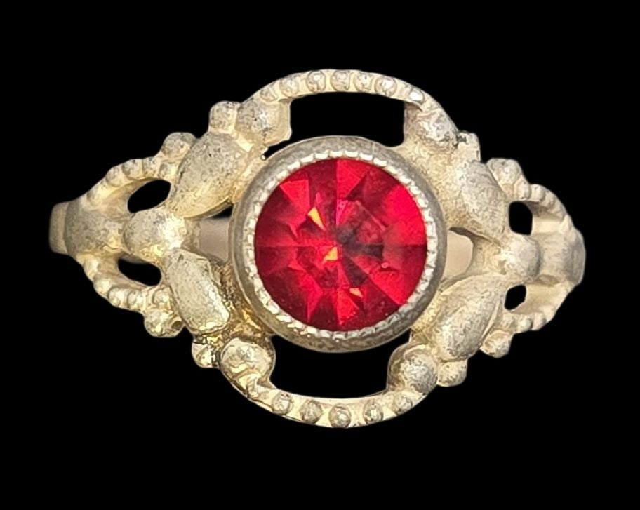 Set of 3 ca. 1940 W. FREY & CO Germany European 835 silver & Red Gemstone Baby Rings: Very good vintage condition with minor patina and wear according to age. The rings are a size 1 and weigh ca. 1 gram. Marked for 835 (83.5%) silver and carrying Frey's designer mark. Frey was a well-k