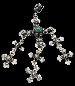 Vintage TAXCO Mexico Sterling Silver & Green Gemstone Wedding Cross Pendant
