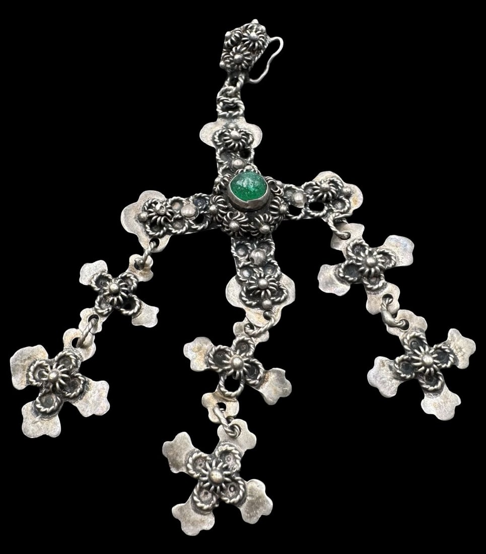 Vintage TAXCO Mexico Sterling Silver & Green Gemstone Wedding Cross Pendant (1 of 3)