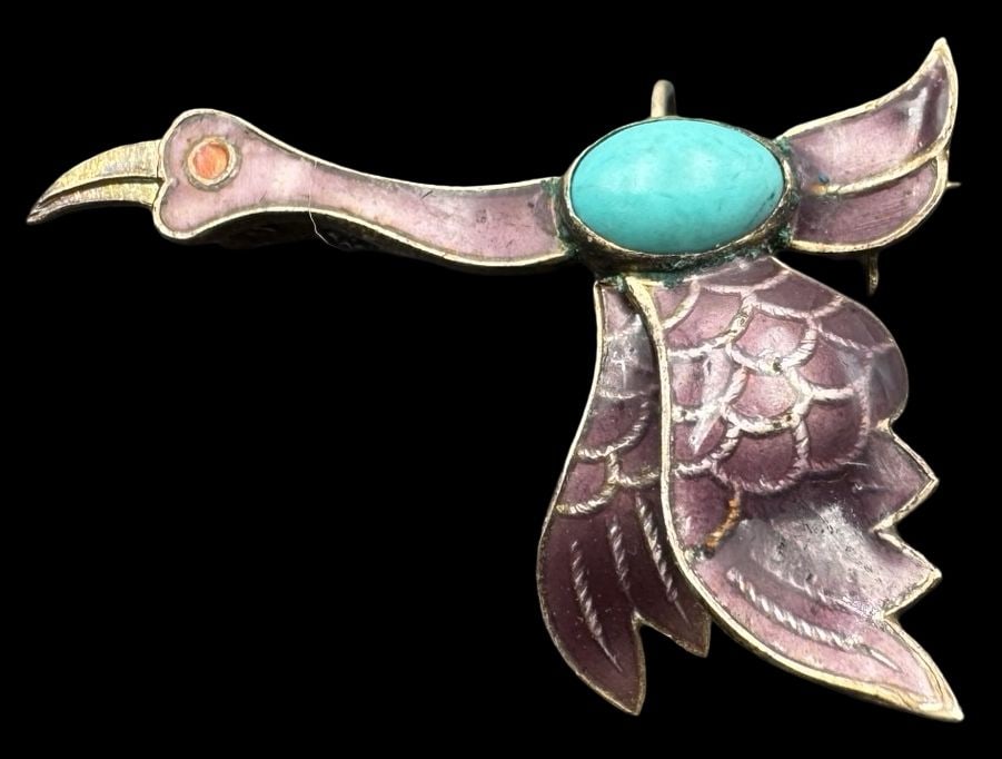 Beautiful Vintage Gilt Sterling Silver, Purple Enamel & Turquoise Bird Pendant / Brooch Pin (1 of 2)