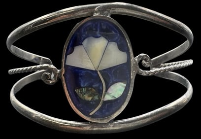 Beatiful Vintage Sterling Silver, Enamel & Mother of Pearl Inlaid Flower Cuff Bracelet