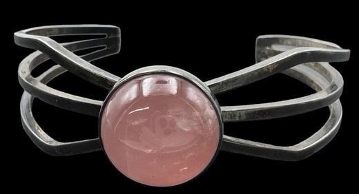Vintage 1960s Mid-Century Modern NIELS ERIK FROM Denmark Sterling Silver & Rose Quartz Bangle