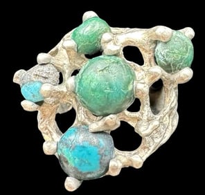 Unusual Vintage Mid-Century Modern Brutalist Sterling Silver, Turquoise & Green Gemstone Ring