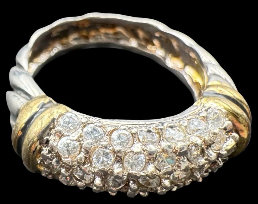 Vintage Gilt Sterling Silver & Clear Rhinestone Cluster Ring: Very good vintage condition with minor patina according to age. Measures approx. 7/8" long and 1/4" wide and weighs ca. 4.1 grams. The ring is a size 6 1/4. Marked for Sterling Silver SHIPPING: We shi