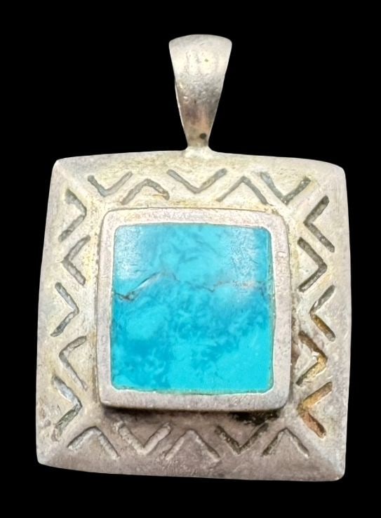 Ornate Vintage Sterling Silver & Turquoise Pendant: Very good vintage condition with minor patina according to age. Measures approx. 1" long and 5/8" wide and weighs ca. 3.4 grams. Marked for Sterling Silver. SHIPPING: We ship in-house and charge a fla