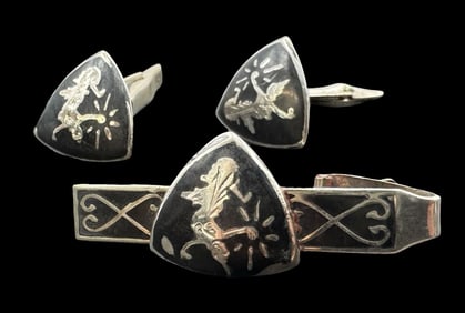 Vintage Thai / Siamese Sterling Silver & Black Enamel Bar Tie Clip & Cufflinks Set