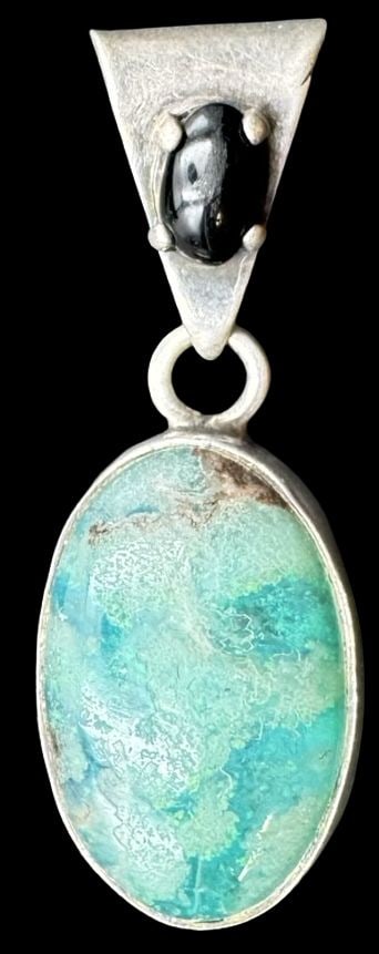 Unusual Vintage Mexican Sterling Silver, Turquoise & Onyx Pendant: Very good vintage condition with minor patina according to age. Measures approx. 1 3/8" long and 5/8" wide and weighs ca. 5.2 grams. Marked for Sterling Silver. SHIPPING: We ship in-house and charge a