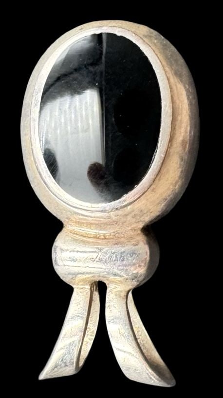 Beautiful Vintage Sterling Silver & Black Onyx Pendant: Very good vintage condition with minor patina according to age. Measures approx. 1 1/4" long and 5/8" wide and weighs ca. 5.9 grams. Marked for Sterling Silver SHIPPING: We ship in-house and charge a 