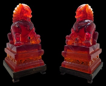 Large Pair of Vintage 1960s Chinese Cherry Amber Foo Dogs /w Original Wood Bases