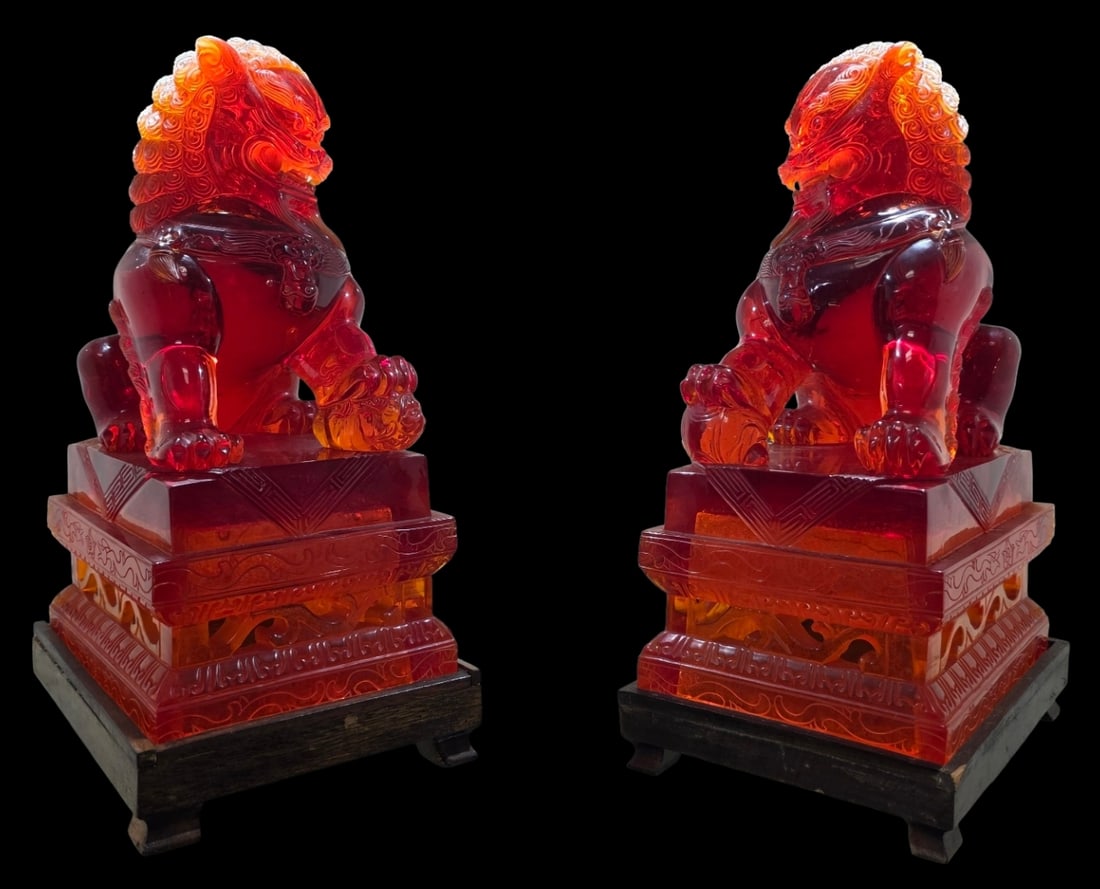 Large Pair of Vintage 1960s Chinese Cherry Amber Foo Dogs /w Original Wood Bases