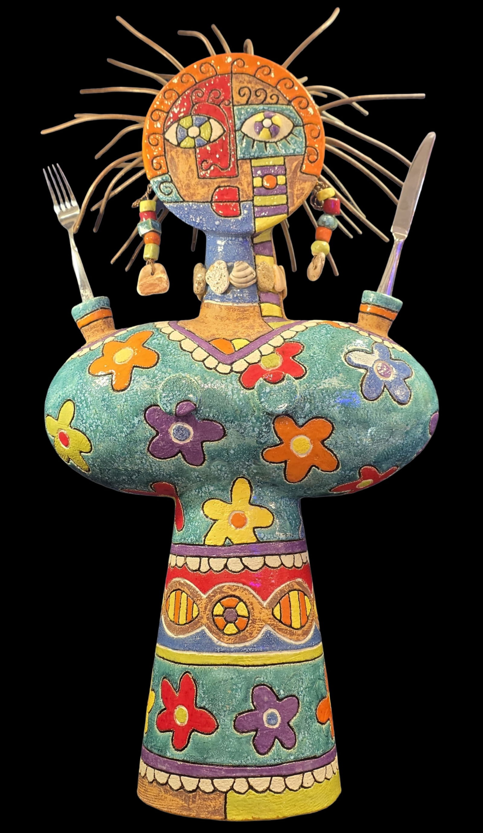 GREGORY HUBBARD (American, 21st Cent.) Colorful Abstract Ceramic Sculpture "Dinner Guest": Very decorative piece in very good vintage condition; No chips, cracks, or repairs. Measures approx. 36" high. Signed.