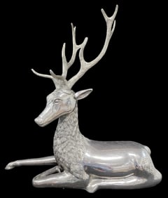 Large Vintage Mid-Century Nickel Plated Brass Sculpture of a Resting Stag