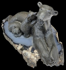 Vintage WAH MING CHANG (1917-2003) Bronze on Agate Sculpture of a Polar Bear /w Cubs