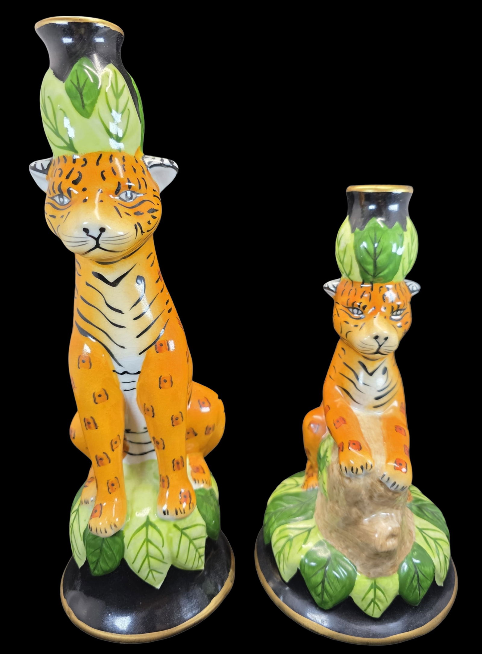 Unusual Pair of Lynn Chase Style Glazed Ceramic Jungle Cat Candlesticks (1 of 7)