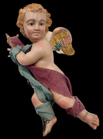 Antique 18th/19th Century Italian Hand Painted Plaster Putto Angel /w Fabric Clothing