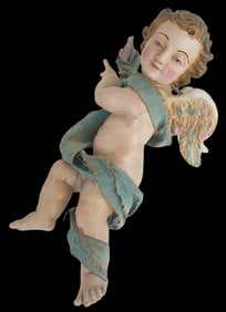 Antique 18th/19th Century Italian Hand Painted Plaster Putto Angel /w Fabric Clothing