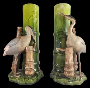 Pair of Rare Art Nouveau BRETBY England Glazed Earthenware Barbotine Crane Vases
