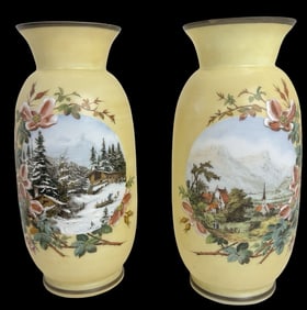 Pair of Antique Art Nouveau European Hand Painted Opaline Glass Vases