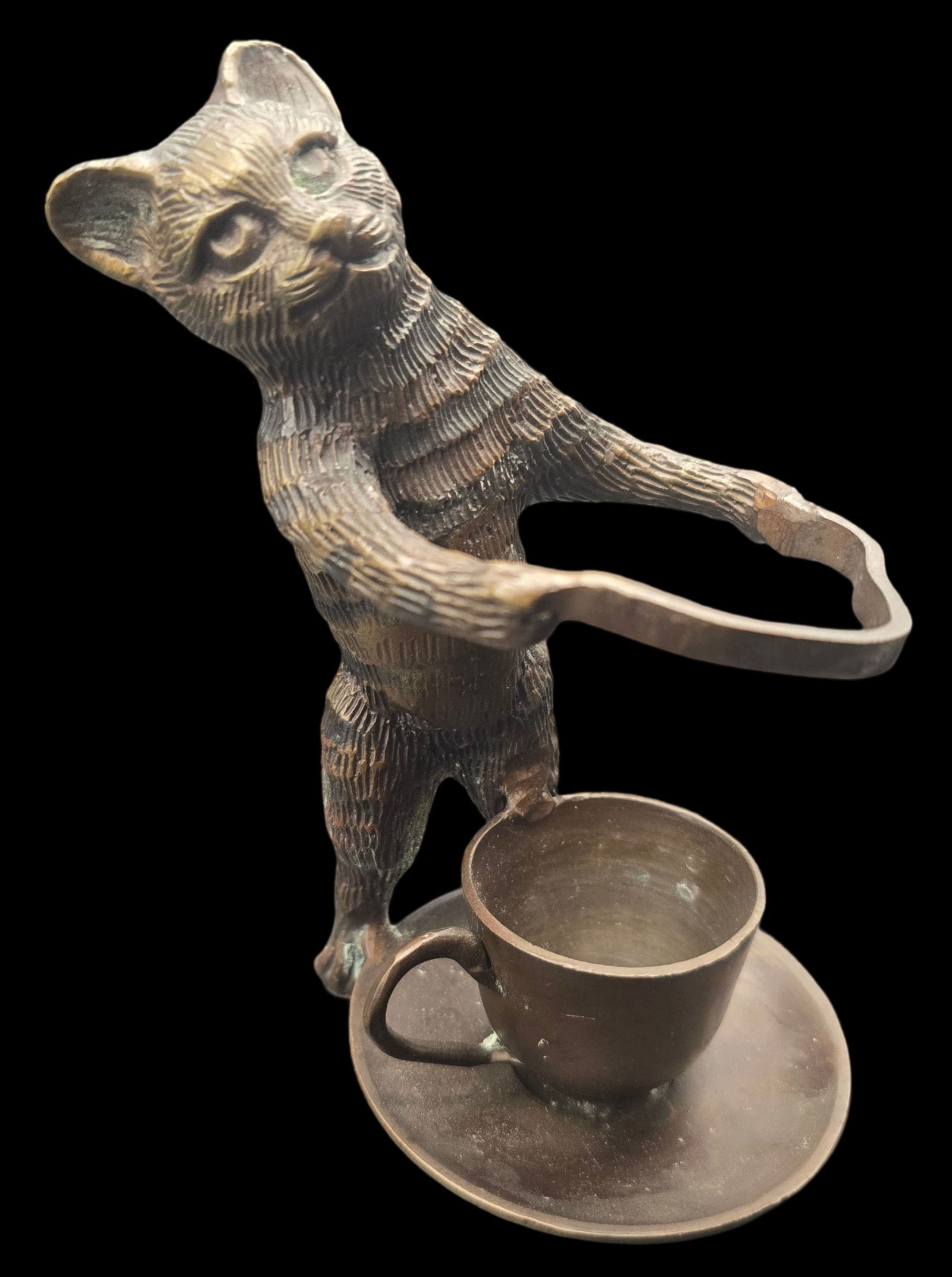 Rare Vintage Cast Bronze Cat & Teacup Candle Holder: Very good vintage condition with some patina according to age. Measures approx. 6" high x 3" in diameter.