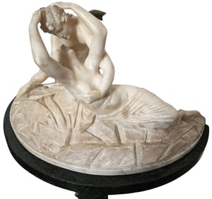 Antique Hand Carved Alabaster Sculpture /w Heavy Green Marble Stand