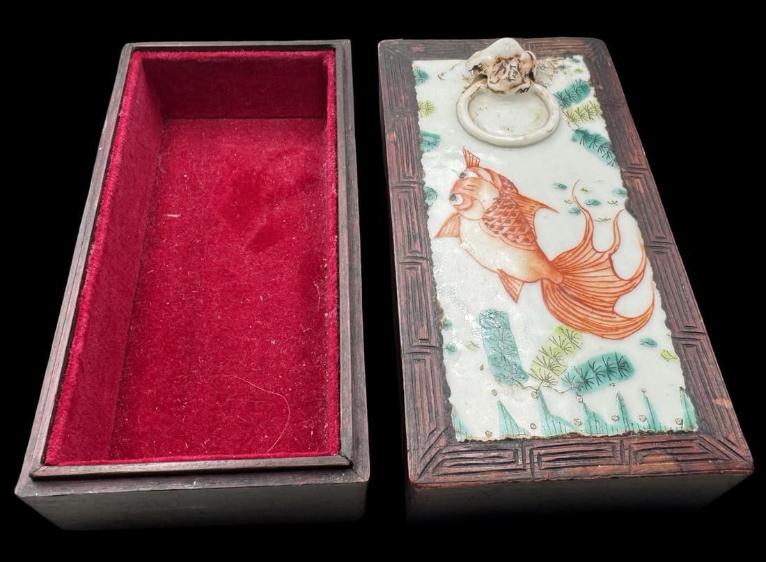 Vintage Chinese Rosewood Box /w Porcelain Lid & Hand Painted Fish Motif (1 of 5)