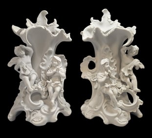 Pair of Ornate Vintage Blanc de Chine Porcelain Figural Vases
