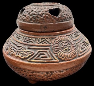 Ornate Handmade Vintage Chinese Reddish Clay /w Gold Highlights Incense Burner/ Censer