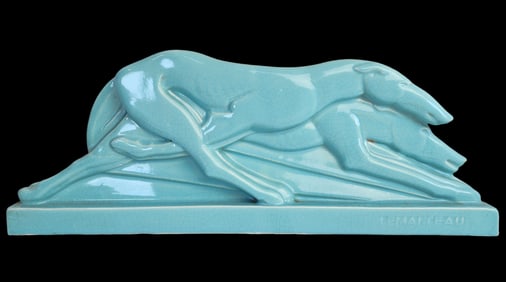 Art Deco CHARLES LEMANCEAU for SAINT CLEMENT France Craquelé Enamel Ceramic Bolsoi Greyhound