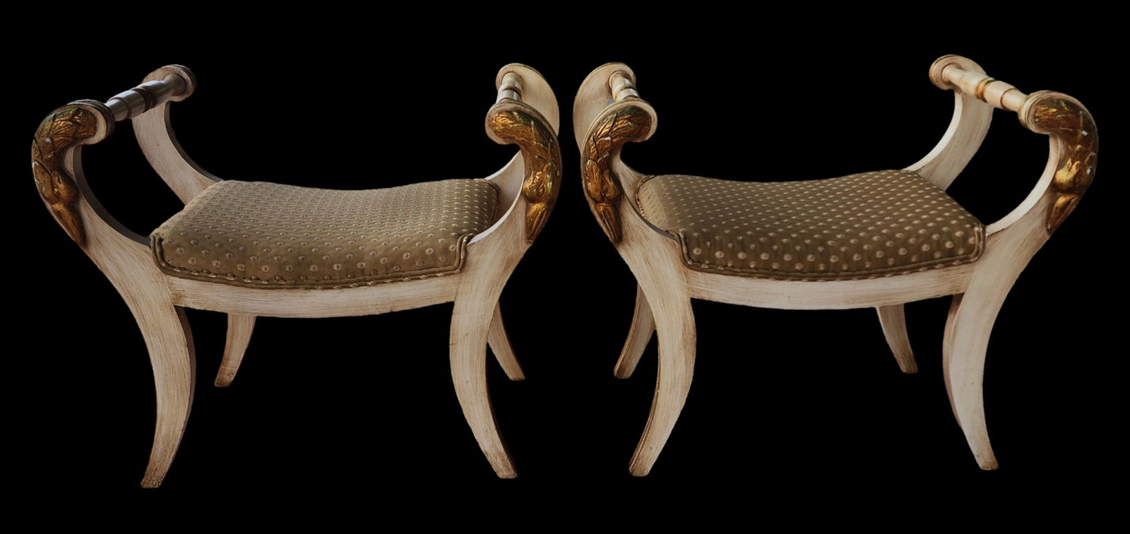 Pair of Vintage VERSACE Upholstered Roman Benches: Very good vintage condition with minor wear according to age. WE DO NOT OFFER IN-HOUSE SHIPPING FOR THIS PIECE BUT WILL ORGANIZE THIRD-PARTY SHIPPING FOR YOU ON REQUEST.