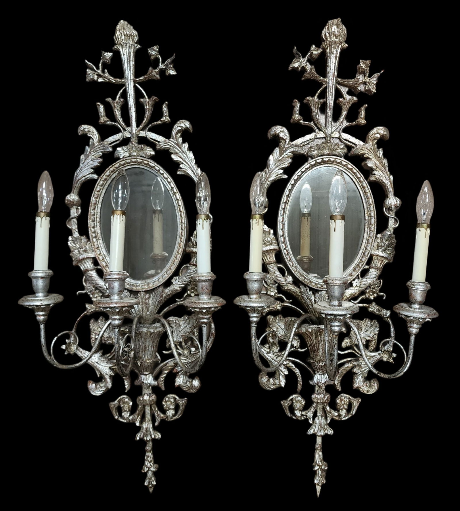 Ornate Pair of Neoclassical Venetian F. PAOLETTI Silverwood Candelabra Sconces (1 of 9)